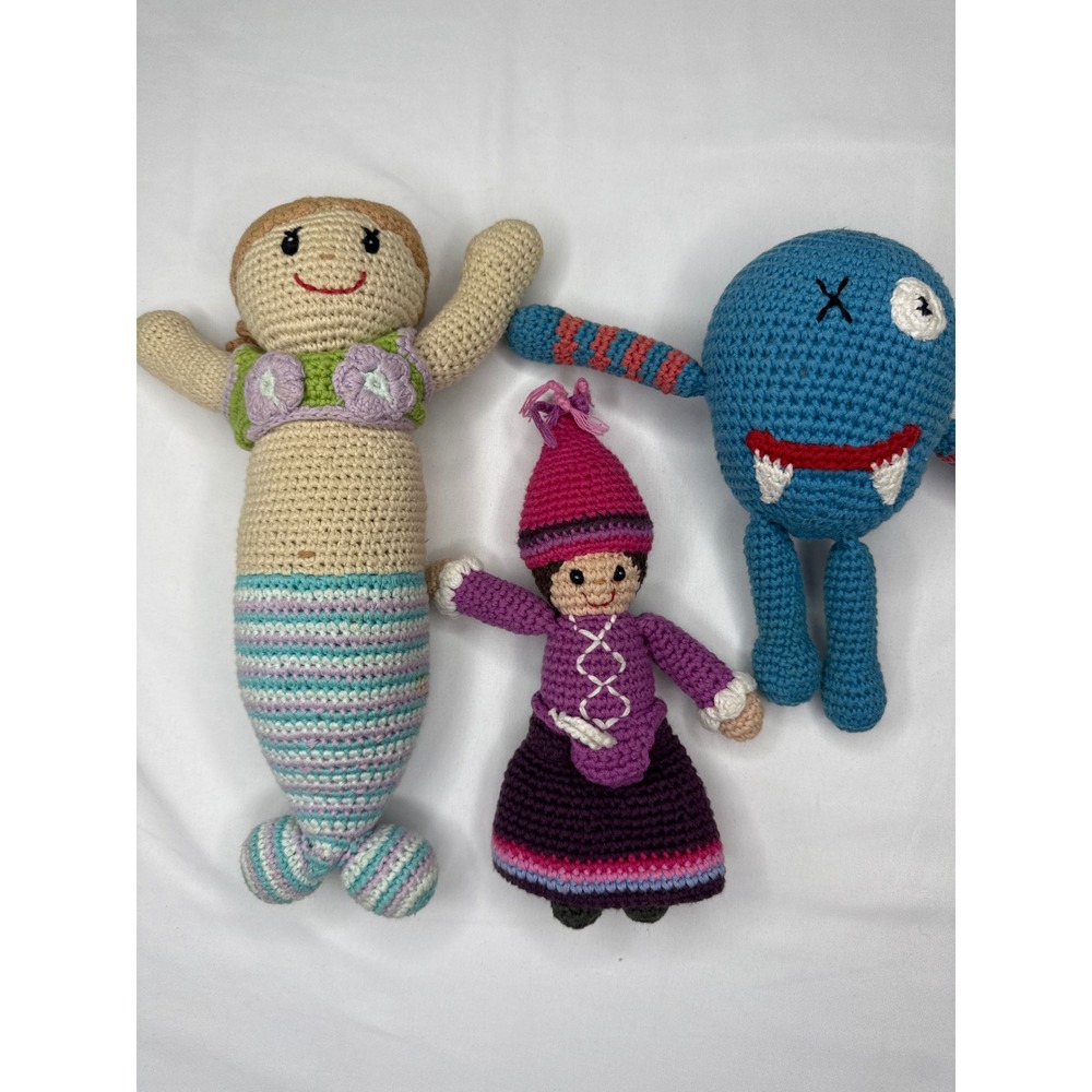 Pebble Child Crochet Rattle Set Mermaid Doll Blue Monster Handmade 100% Cotton